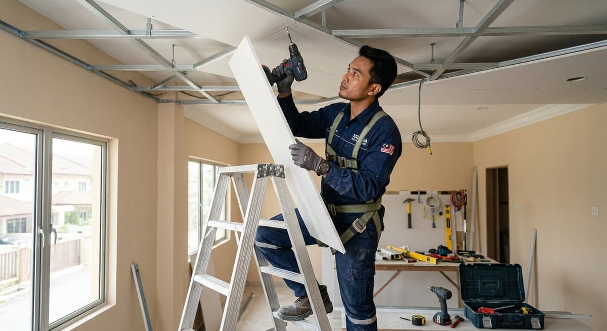 Kontraktor profesional sedang pasang plaster ceiling