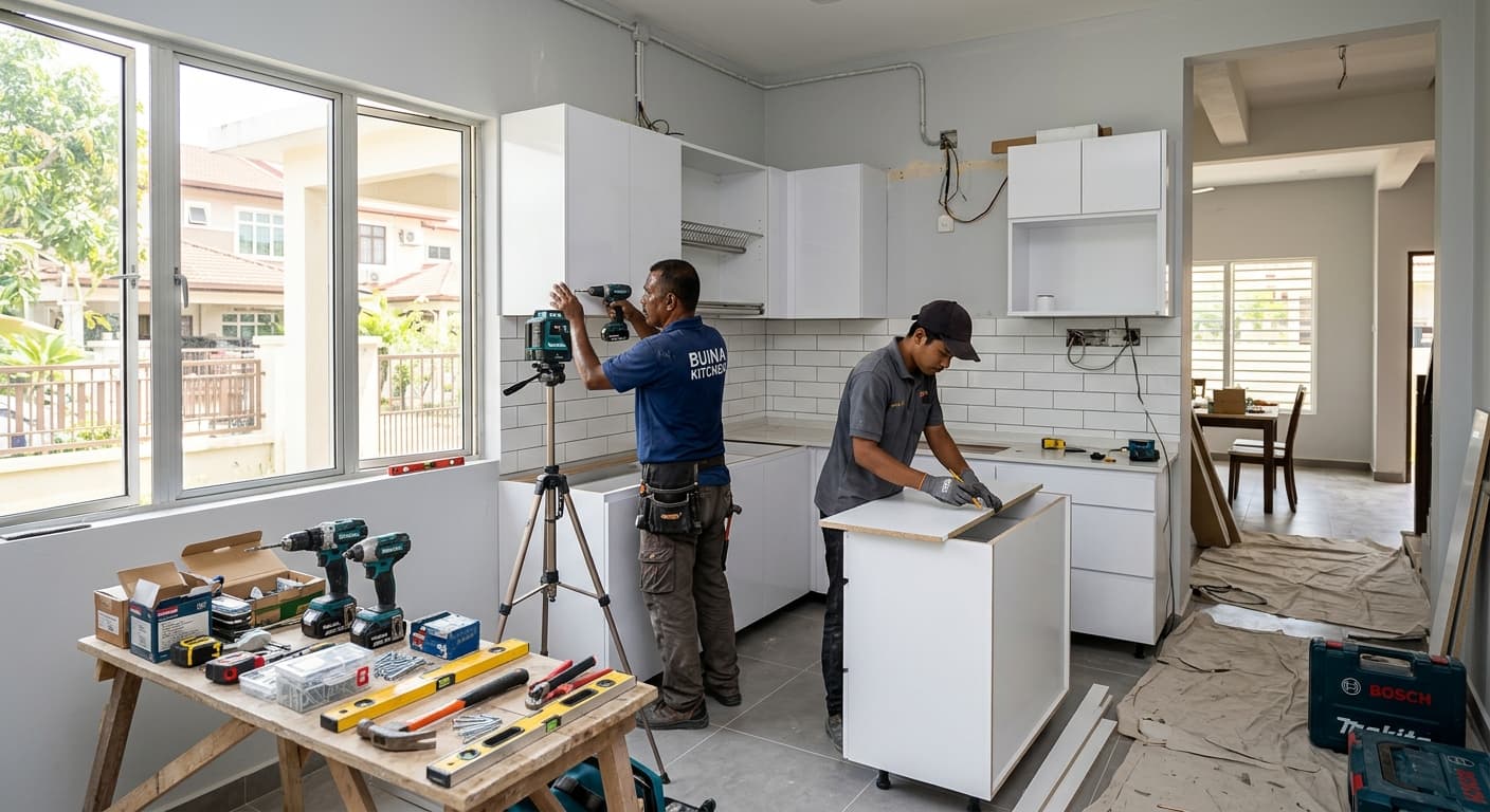 Dua kontraktor memasang kabinet dapur putih di sebuah rumah di Malaysia